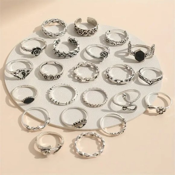 Finger Rings 22pc Gypsy Boho Hippie Snake Evil Eye Stackable Silver Onyx Bands - Picture 3 of 4